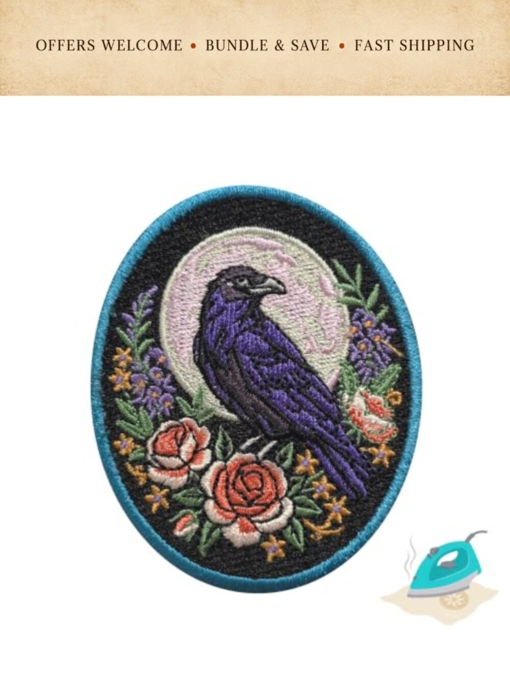 Embroidered Iron On Patch Raven Moon Roses Gothic Applique